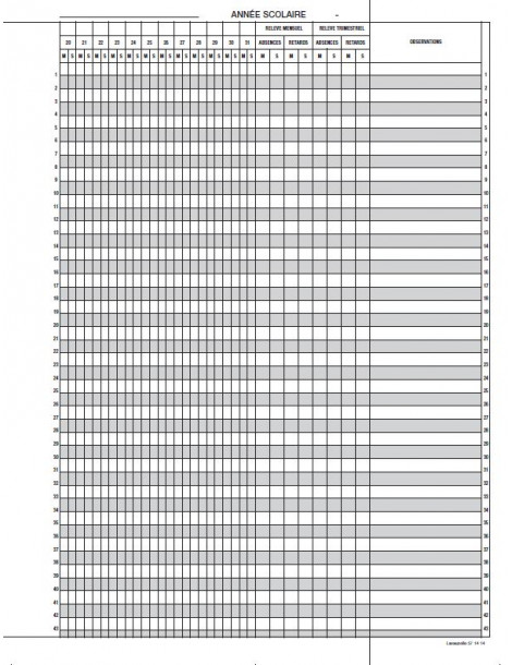 5714141Z Registre récapitulatif des absences et retard d'établissement