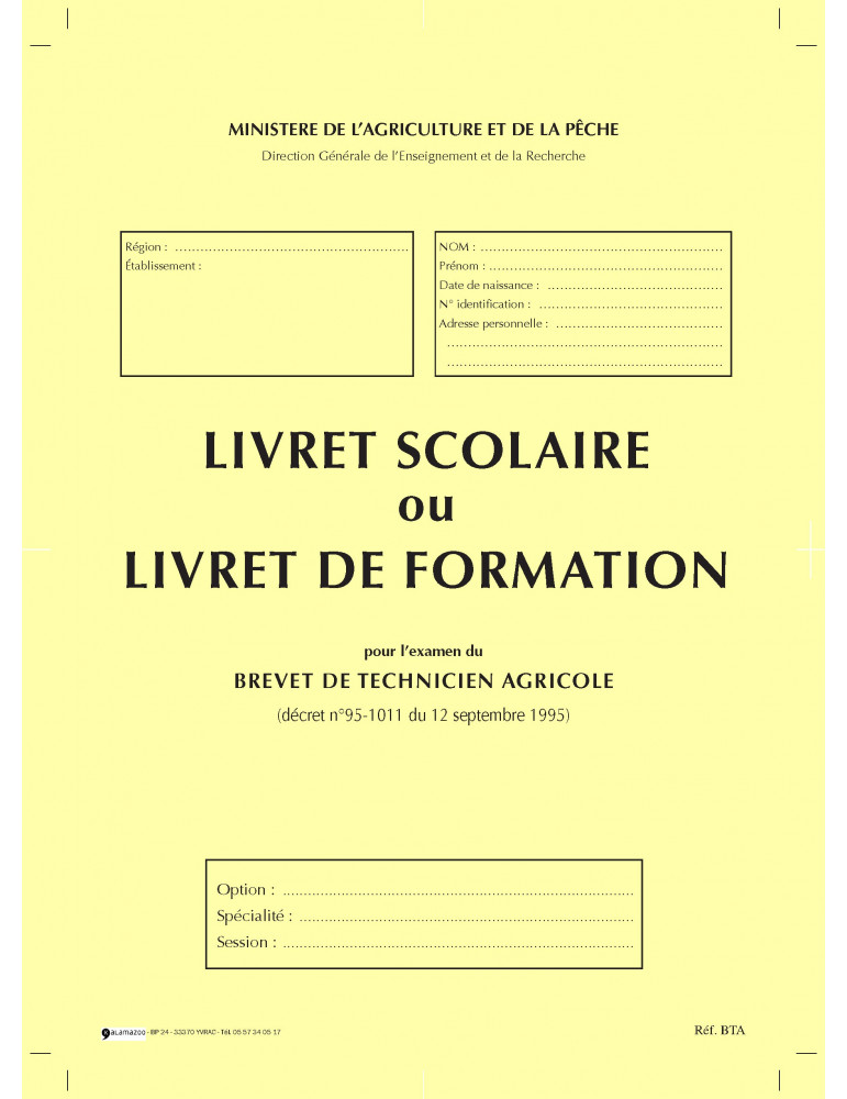 Livret scolaire - Brevet de Technicien Agricole