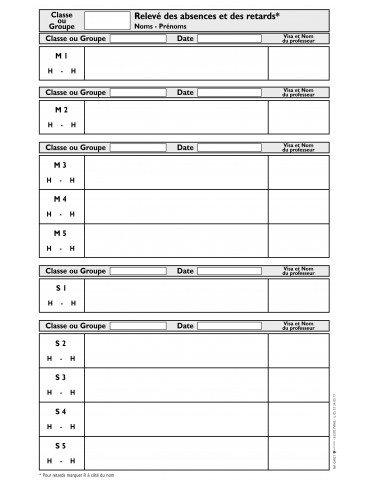 KA-CARC2 Carnet de relevés des absences/retards autocopiant de la classe