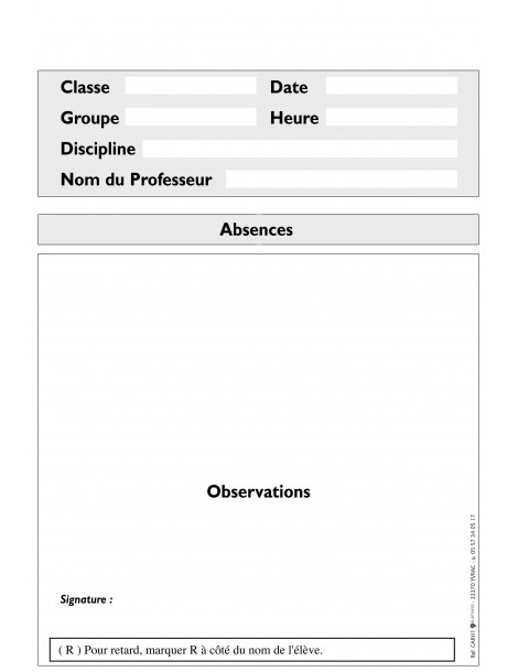 KA-CARH2 Carnet de relevés des absences / retards - 100 feuillets simples