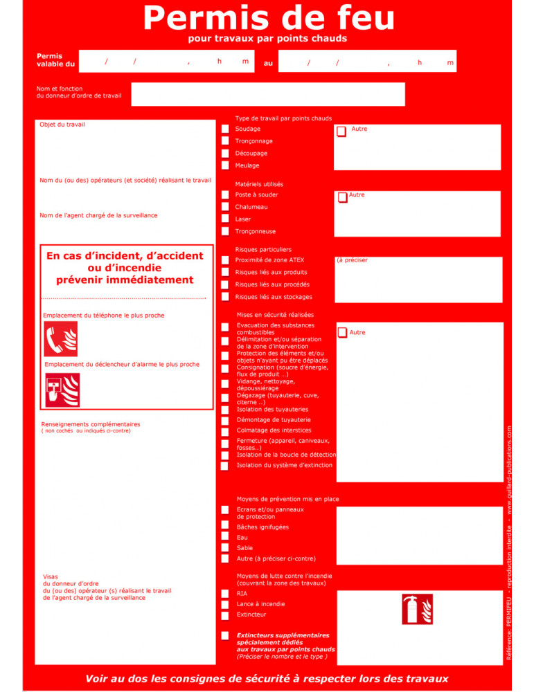 Registre - Carnet de permis de feu