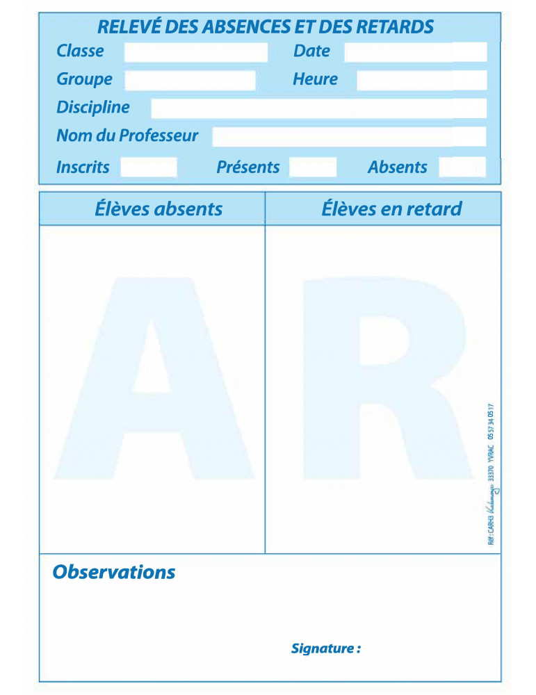 KA-CARH3 Carnet de relevés des absences / retard - 100 liasses